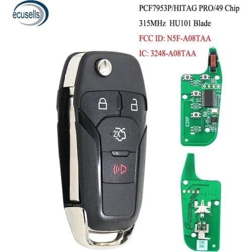 3+1/4 Buttons Flip Remote Key Keyless Entry Fob 315MHz ID49 Chip for Ford Fusion 2013-2015 FCC ID: N5F-A08TAA HU101