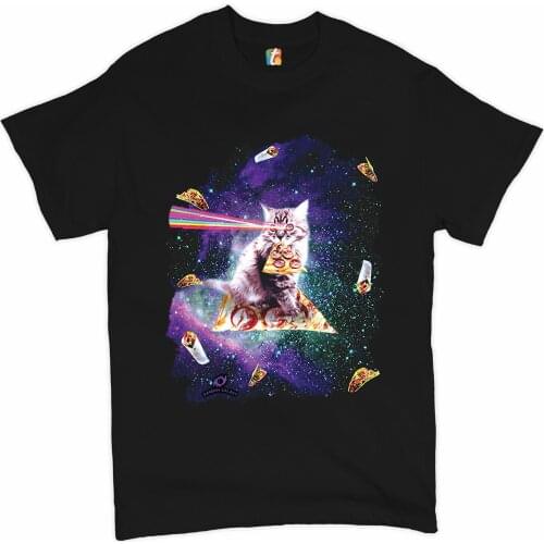 Cat Firing Rainbow Laser Riding Pizza Slice In Space. Funny Cat Graphic T-Shirt. Summer Cotton O-Neck Short Sleeve Mens T Shirt