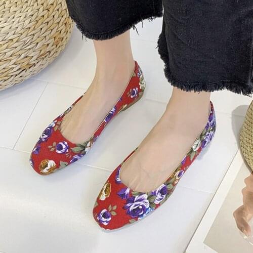 Plus Size Women Flats Flowers Slip on Flat Shoes Print Ballet Flats Woman Boat Shoes Floral Loafers Shallow Shoe zapatos mujerL