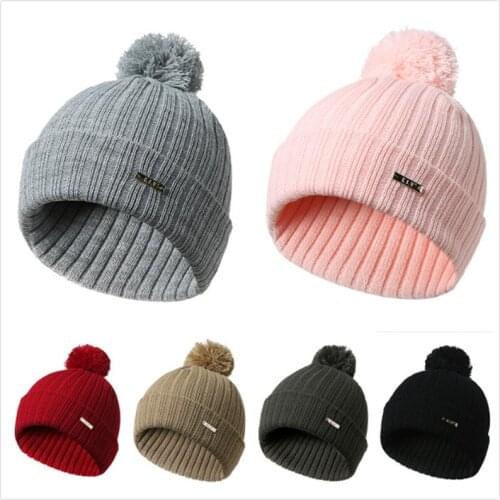 Warm Beanie Hat Knitted Skullies Beanies Winter Hats For Children Solid Caps Bonnet With Pompom Kniiting Turban Cap