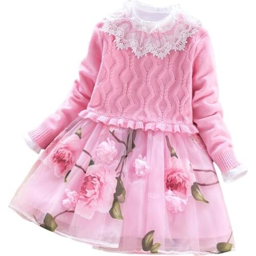 Spring Autumn Girls Long-sleeved Sweater Dress 2pcs Clothing Set Kids Princess Mesh Flower Lace Dresses Clothes Set