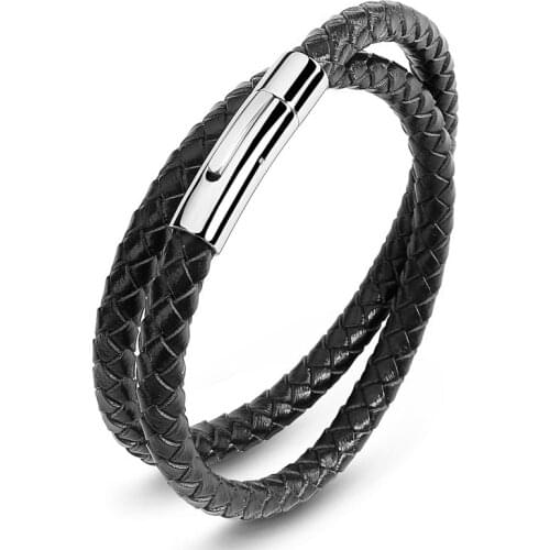 High Quality Classic Style Men Leather Bracelet Simple Gold Stainless Steel Button Neutral Accessories Hand-woven Jewelry Gifts