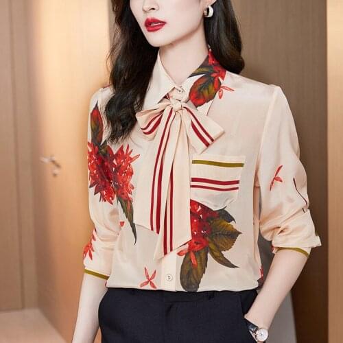 Shirt Women Fashion Sweet Elegant Pink Printed Streamer Lapel Spring Summer Long-Sleeved Shirt Large Size 2Xl Top Blouse 2021