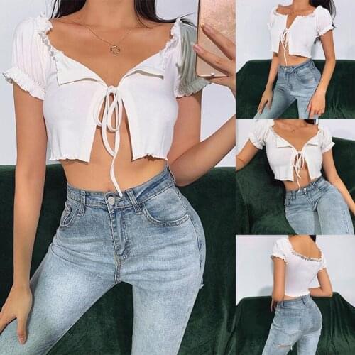 Women Lace-Up Cardigan Ruffle Sleeves Boat Neck Solid Color Crop Tops Summer Casual Styles Tops