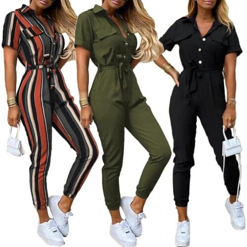 Office Lady Jumpsuit Short Sleeve V Neck Stripes Print Button Belt One Piece Jumpsuit women Button Belt One Piece Jumpsuit