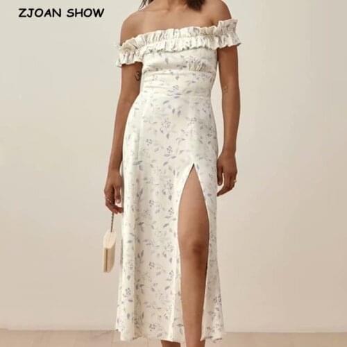 Vintage France Floral Print White Ruffles Off shoulder Midi Dress Sexy Women Elastic Back Hem Split Holiday Dresses