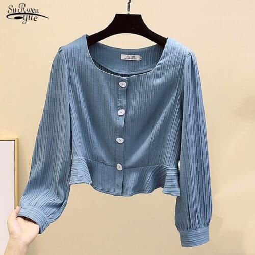 2021 Autumn New French Square Collar Long Sleeve Shirt Women Retro Buckle Clavicle Top Slim Overalls Vintage Ropa De Mujer 11058