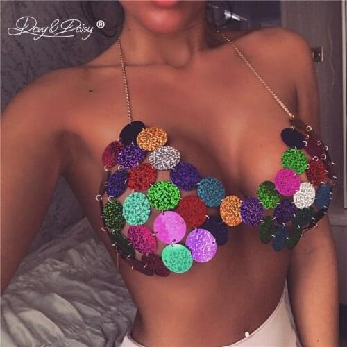 DAVYDAISY Women Fashion Colorful Sequined Bra Metal Chain Bralette Beach Wear Bikini Sexy Lingerie Underwear Erotic Bras BR041