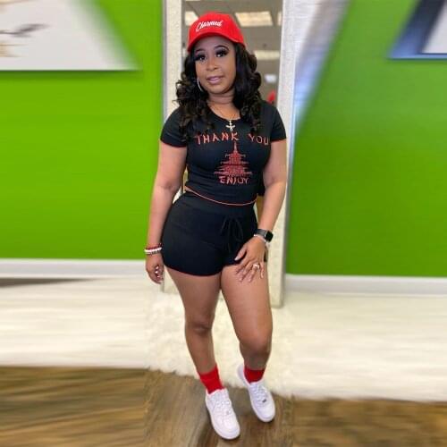 Black White Thank You Enjoy Letter Print Short Sleeve T-shirts and Biker Shorts Summer Fitness Two Piece Set Loungewear Outfits