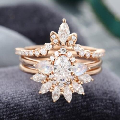 EDI Amazing Luxurious Bridal Set Solid 14K Rose Gold Moissanites MoonStone Diamonds Engagement Wedding Ring Band For Women