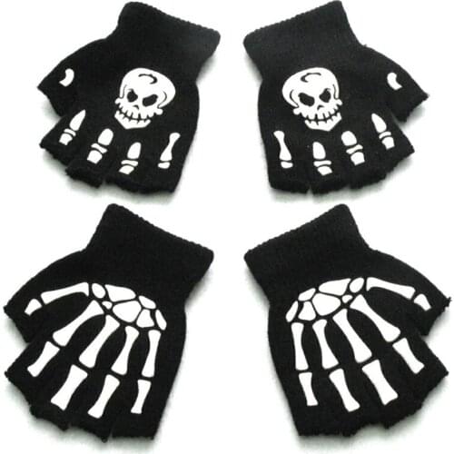 Printing Fluorescent Skeleton Skull Knitted Half Finger Gloves Cool Autumn Winter Black Ridding Knitting for Children 5-12Y