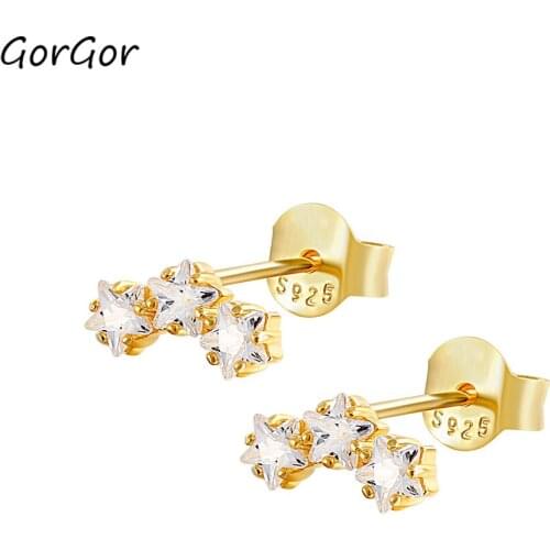 GorGor Stud Earrings Women 925 Sterling Pattern Three Star Mosaic Zirconia Individuality Luxury Anniversary Jewelry 60202620790