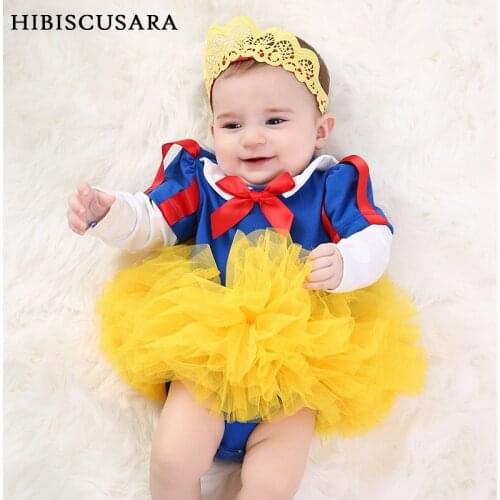 New Baby Girl Princess Romper Dress Blue&Yellow With Crown Infant Toddler Tutu Fluffy Dress Full Sleeve Party Cosplay Costumes