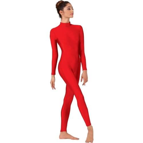 Women Red Unitard Long Sleeve Mock Neck Ballet Bodysuit Spandex One Piece Turtleneck Dance wear Men Zentai Costumes