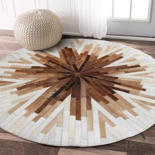 American style brown color cowhide patchwork rug , hand made round shaped real cow leather decoration villa carpet SALES