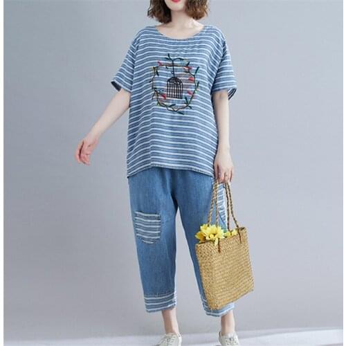 Summer Fashion Suit Round Neck Pullover Striped Embroidery T-shirt + Elastic Waist Nine-point Jeans Loose Two-piece Sets Female