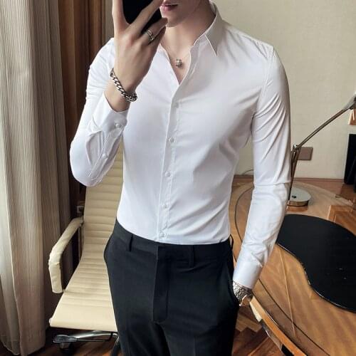 Hot Sale 5XL-S Plus Size British Style Long Sleeve Men Casual Shirts Solid Simple Slim Fit Business Formal Wear Blouse Homme Hot