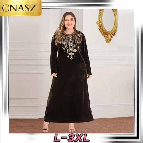 Newest Muslim Dress Dubai Turkey Islamic Large Size Womens Arabic Fashion Long-Sleeved Casual Embroidered Gold Velvet Dress