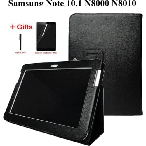 New Fashion Litchi Premium Stand PU Leather Case For Samsung Galaxy Note 10.1 GT-N8000 N8010 N8020 Tablet Cover+Film+Pen