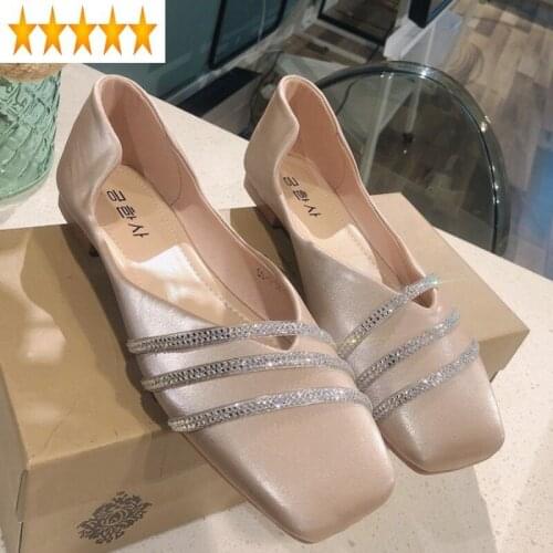 Flat Fashion Rhinestones Ladies Comfortable Loafers Square Toe PU Leather Flats Shallow Pink Ballet Shoes