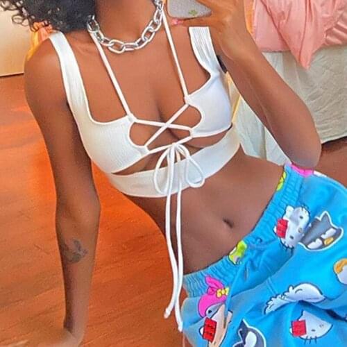 Sexy Front Tie-up Hollow Out Top Cami Summer Sleeveless Backless Halter Crop Top Women Clubwear Beach Outfits Streetwear Vest