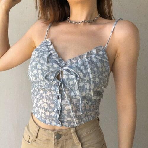 TVVOVVIN French Style 2021 Summer New Flower Printed Bandage Lace Up Short Camis Vest Women Sexy Single-breasted Folds Top 89UO