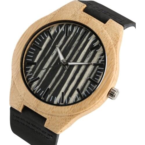 Black Stripe Dial Nature Bamboo Man Wrist Watch Quartz Wooden Watches Men Soft Leather Band Casual Sport Clock Male Gifts 2019