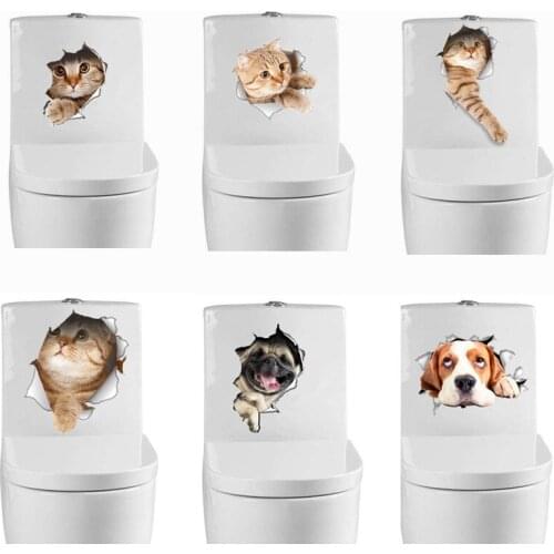 Waterproof Vinyl 3D Hole View Vivid Cat Dog Wall Sticker Bathroom Toilet Living Room Home Decor Decal Poster Background Stickers
