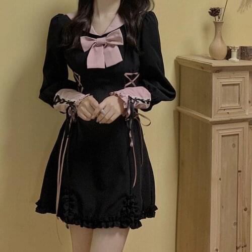 Japanese Black Harajuku Bandage Gothic Dress Women Autumn Long Sleeve Bow Party Mini Lolita Dresses Soft Girl Kawaii Ruffle Dres