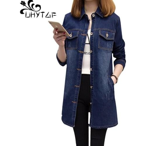 UHYTGF Womens Autumn Jeans Jacket Fashion Single Breasted Student Plus Size coats Blue casual denim jacket Female long coat 638