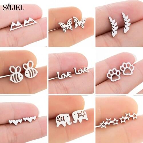 Punk Stainless Steel Stud Earrings for Women Men Small Black Fashion Puzzle Love Letter Paw Leaf Earings Bee Ear Pendientes 2021