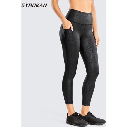 SYROKAN Womens Coated Faux Leather Legging High Waist Pants Workout Tights with Pockets -25 Inches