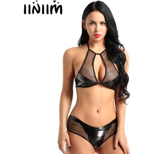 Women Wetlook Erotic Costume Faux Leather Fishnet Patchwork Lingerie Set Open Crotch Backless Bra Top with Mini Briefs Underwear