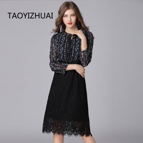 TAOYIZHUAI 2019 New Arrival Spring High Street Style Plus Size Print Lace Up O-Neck Tank Black Chiffon Spliced Women Dress 16083
