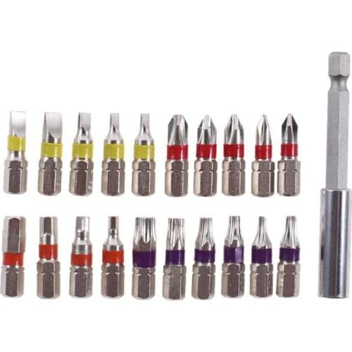 20pcs 25mm Screwdriver Bits Set Kit 1/4" Hex Shank CRV Slotted Torx Hexagon Color Identification Within Mini Box