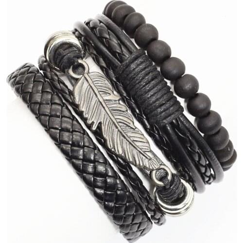 4 Pcs/set Trendy Vintage Feather Charm Beads Men Leather Bracelets Women Freely Shipping Femme Homme Male Jewelry