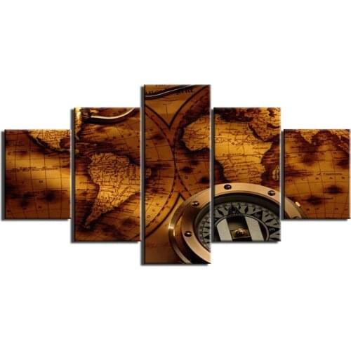 5 Pcs Compass Yellow World Canvas Pictures Print Wall Art Canvas Paintings Wall Decor for Living Room Hell Wolf Poster Unframed