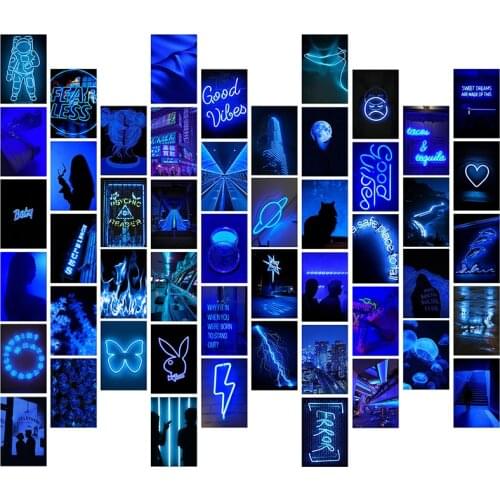50PCS Blue Neon Aesthetic Pictures for Wall Collage Kit Neon Blue Photo Collections Dorm Decors for Aesthetic Teens Women Trendy