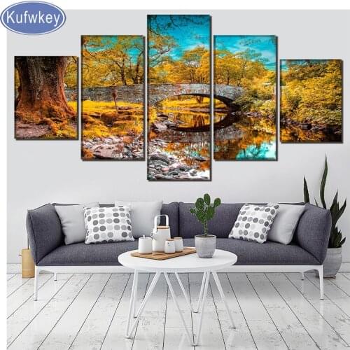 5 Pieces Diamond Painting scenery Cross Stitch River Bridge mosaic Diamond Embroidery Landscape square Round Rhinestone Picture