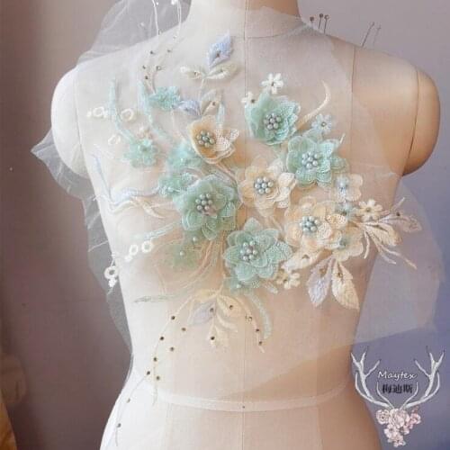 1 Piece Colorful 3D Flower Embroidery Patches Bridal Lace Sewing Fabric Applique Beaded Tulle DIY Wedding Dress 44*23cm