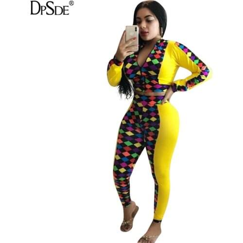 DPSDE Geometry Patchwork Casual Two Pieces Set Women O Neck Full Sleeve Crop Top Autumn Yellow New 2020 Bodycon Sexy Long Pants