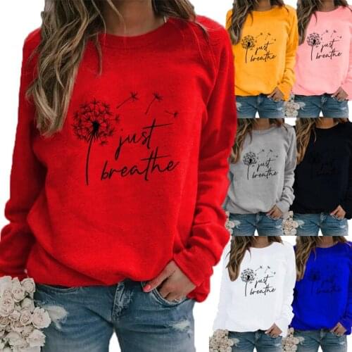 Womens Winter Loose Dandelion Printed Round Neck Comfortable Sports T-shirt Casual Long Sleeve Tops Sweatshirt Plus Size