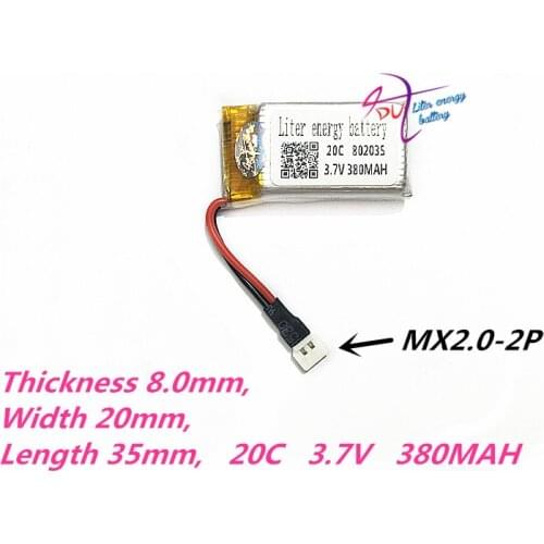 MX2.0-2P 802035 3.7V 380MAH power lithium polymer battery 802035 rechargeable battery helicopter UAV aircraft battery