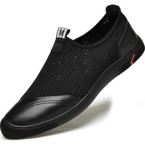 Men Mesh Casual Shoes Lace Up Comfortable Outdoor Sneakers Sports Shoes Genuine Leather Hollow Out Breathable Driving Shoes