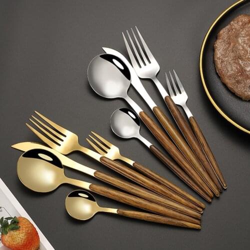 5pcs Cutlery Set with Wooden Handle Kitchen Dinnerware Sets 304 Stainless Steel Knife Fork Spoon Teaspoon Cutlery Set Dinnerware