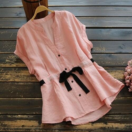 6116 New Summer Women Japan Style V-Neck Short Sleeve Blouse Women Ramie Solid Color Loose Shirt Tops