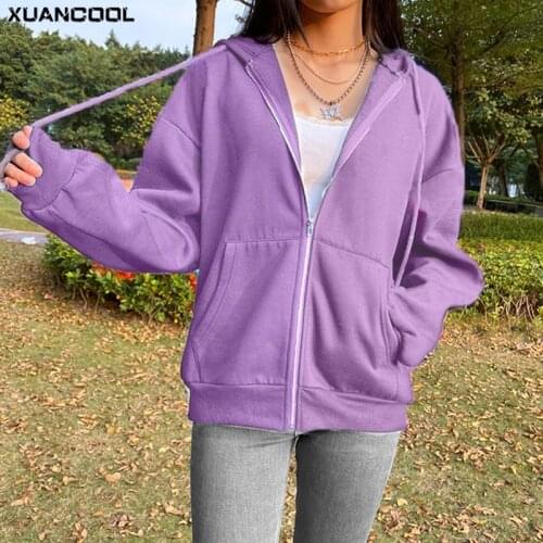 2021 Autumn Women Coat Outwear Solid Color Zipper Pocket Loose Pocket Fleece Sports & Outdoor Casual Hoodies Moletom Sudaderas
