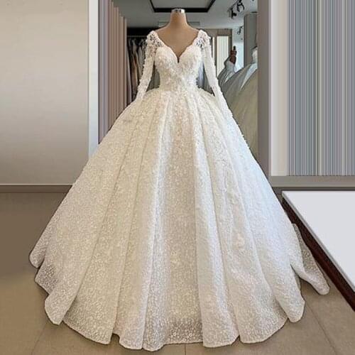 Luxury Applique Lace Ball Gown Wedding Dresses 2020 Long Sleeve V-Neck Empire Wasit Floor Length Zipper Back Bridal Gowns