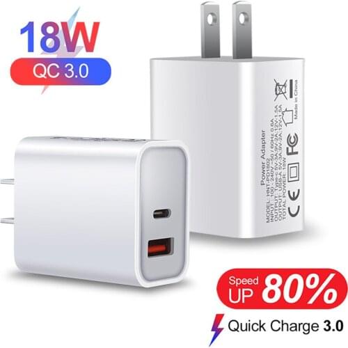 QC3.0 Fast Charging Wall Travel PD Charger 18W PD Type C USB Quick Charge 3.0 Adapter For iPhone 12 11 Pro XS XR X 8 iPad Xiaomi
