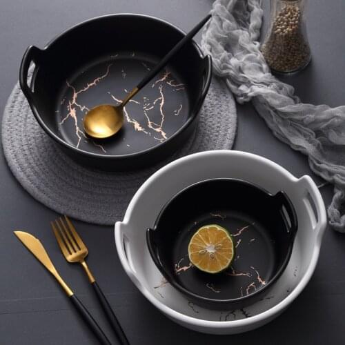 Guards Against Burns The Bowl Handle Marble Ceramic Round Salad Soup Bowl Creative Nordic Kitchen Porcelain Utensils